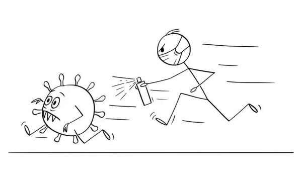 Ilustración de dibujos animados vectoriales del hombre que persigue el virus COVID-19 con desinfección o desinfectante — Vector de stock