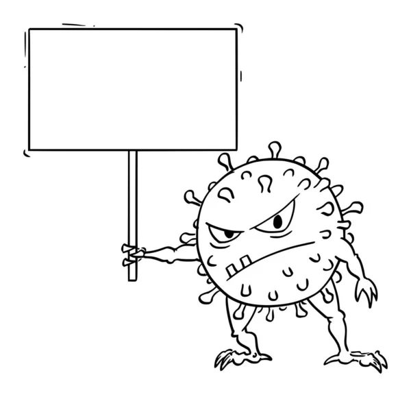 Vektor Funny Cartoon Illustration of Crazy Coronavirus COVID-19 Virus Monster Holding Empty Sign for Your Text - Stok Vektor