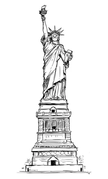 Vector Sketchy Illustration of The Statue of Liberty Wearing Face Mask. 코로나 바이러스의 개념 COVID-19 뉴욕 시에서 유행. — 스톡 벡터