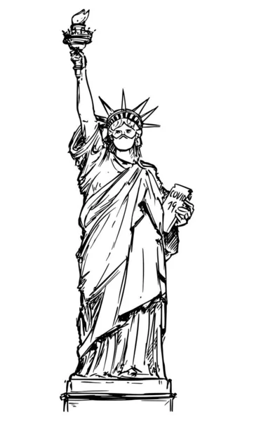 Vector Sketchy Illustration of The Statue of Liberty Wearing Face Mask. 코로나 바이러스의 개념 COVID-19 뉴욕 시에서 유행. — 스톡 벡터