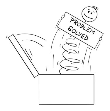 İlkbaharda Sorun Çözüldü Tabelasıyla Kutudan Atlayan Erkek veya İşadamı Çizgi Filmi