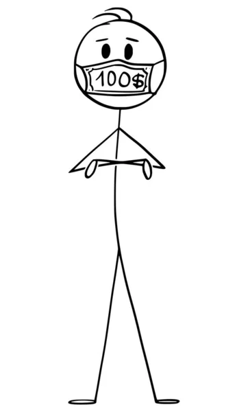 Ilustración Vectorial de Dibujos Animados del Hombre Asegurado Usando Bill o Billete como Máscara Cara Durante la Epidemia del Coronavirus COVID-19 . — Vector de stock