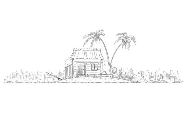 Wektor Cartoon Ilustracja Happy Man Cieszący się życiem samotnie odizolowany na małej tropikalnej wyspie oddzielony od cywilizacji, Miasto Skyline na tle — Wektor stockowy