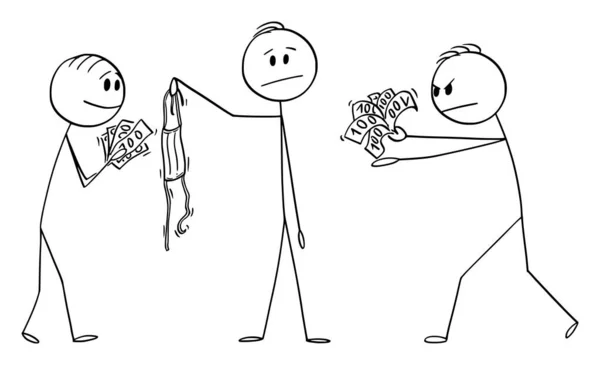 Illustration vectorielle de dessin animé d'un homme tenant un masque chirurgical pour le visage et d'autres hommes qui veulent l'acheter pendant une épidémie de coronavirus COVID-19 — Image vectorielle