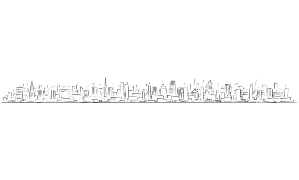 Illustrazione dei cartoni animati grezzi e schizzinosi del vettore di Long Horizontal City Skyline con alti edifici residenziali e commerciali e grattacieli — Vettoriale Stock