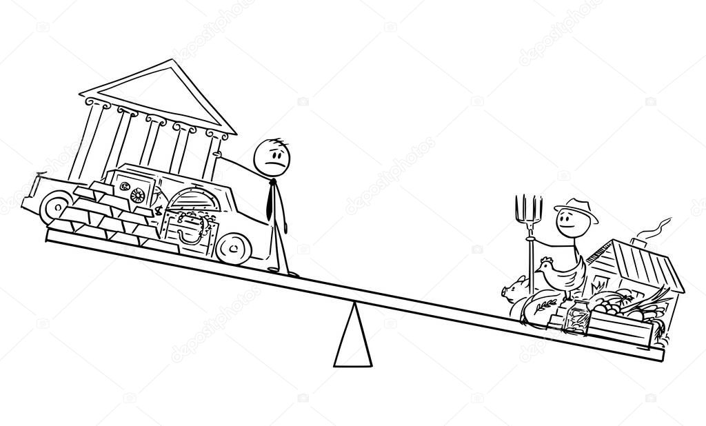 Vector Cartoon Illustration of Rich Man and Poor Farmer on Balance Scales. Food Is More Important Than Property and Gold During Crisis.