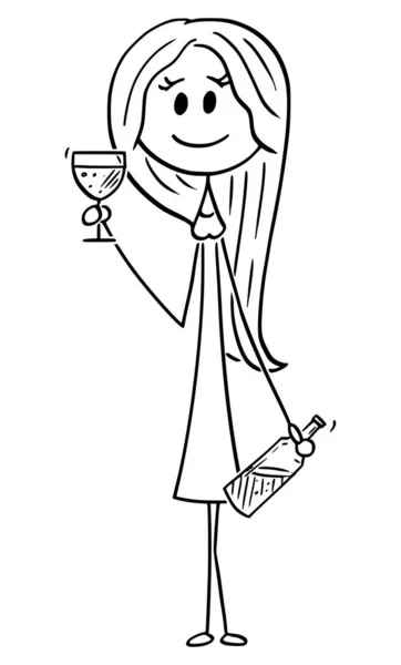 Vektor Tecknad Illustration av unga attraktiva leende kvinna dosera med dricksglas och flaska vin — Stock vektor