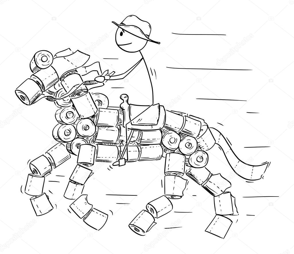 Vector Cartoon Illustration of Man or Cowboy Riding on Horse Made From Toilet Paper Rolls.