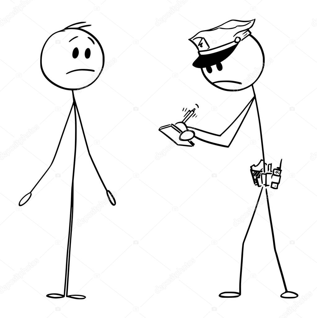 Vector Cartoon Illustration of Cop or Policeman Writing Notices or Fine and Man Showing I Dont Know or Im not Guilty Gesture.