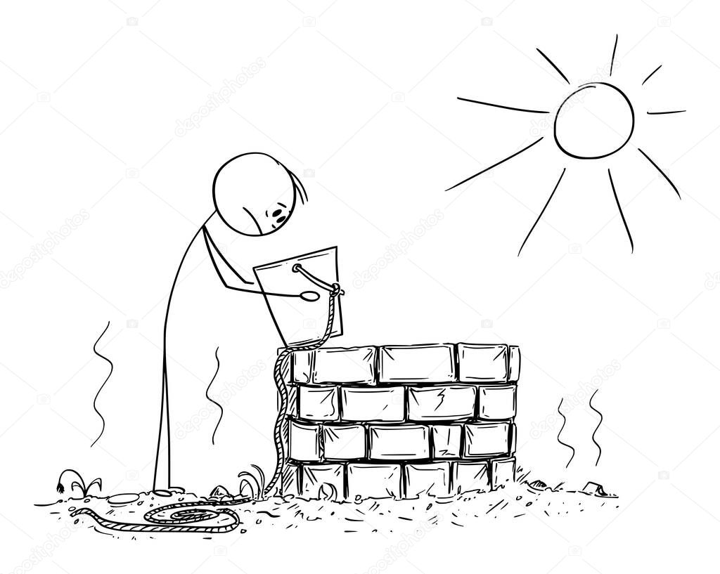 Vector Cartoon Illustration of Man or Farmer Looking in to Empty Bucket or Pail From Dry Well. Concept of Hot Weather, Drought and Aridity