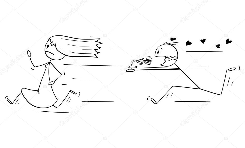 Vector Cartoon Illustration of Amorous Man in Love Running and Chasing Woman or Girl With Flower and Hearts. Concept of Date, Relationship or Valentine.