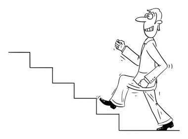 Kendine Güvenen Adam ya da İş Adamı 'nın Vector Çizgi Filmi Üst katta ya da Üst katta Yürüyen Ya da Büyüme ve Başarı İçin Merdivenler