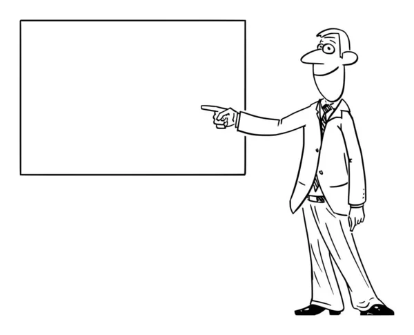 Vektor-Comic von Mann oder Geschäftsmann, der auf leeres Schild, Tafel oder Whiteboard zeigt oder darauf zeigt. — Stockvektor