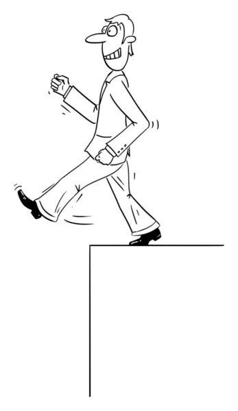 Vektorové komiksové karikatury sebevědomého člověka nebo podnikatele kráčející kupředu bez ohledu na útes nebo propast a pád dolů. — Stockový vektor