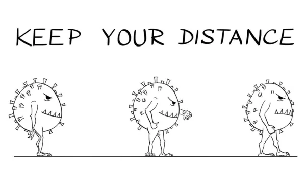 Vector Cartoon Instructional Illustration of Coronaviruses standing in Line or How to Be in Queue during Coronavirus COVID-19 Epidemic. 거리가 먼 문자를 유지하라 — 스톡 벡터