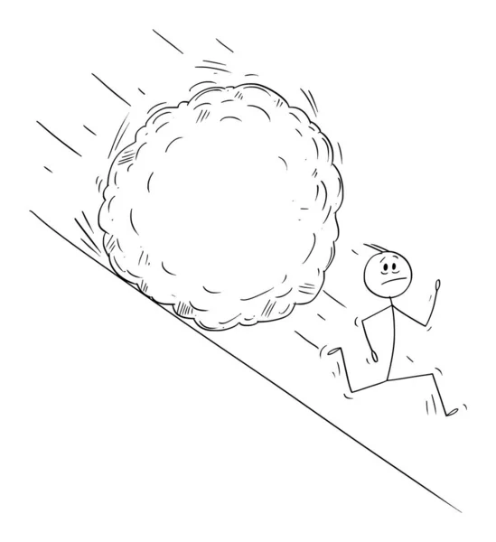 Vector Cartoon Illustratie van gestresste man of zakenman weglopen van Boulder Rolling Down Hill.Klaar om uw tekst of afbeelding toe te voegen. — Stockvector