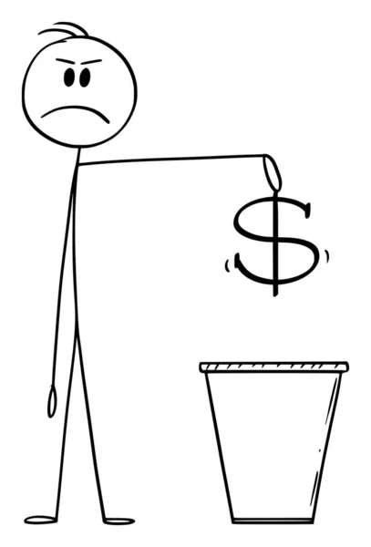 Ilustración de dibujos animados vectoriales del hombre o del hombre de negocios que arroja el símbolo de la moneda del dólar en la papelera o la papelera o la papelera o la basura — Vector de stock