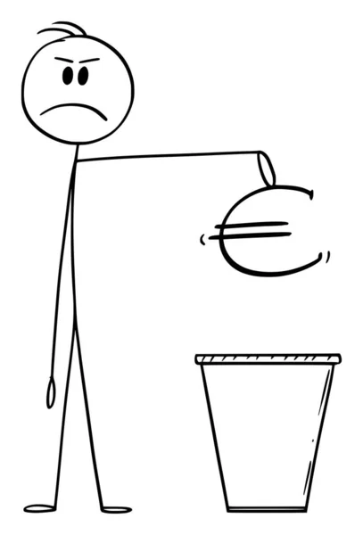 Ilustracja kreskówki wektorowej człowieka lub przedsiębiorcy wyrzucanie euro waluty Symbol w koszu na śmieci lub śmieci lub śmietnik lub śmietnik — Wektor stockowy