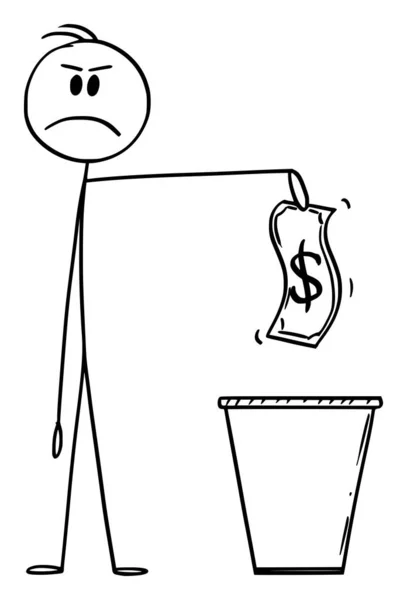 Vector cartoon illustratie van de mens of zakenman gooien Dollar bankbiljet of Bill in prullenbak of prullenbak of vuilnisbak of vuilnisbak — Stockvector