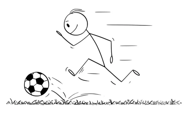 Vector Cartoon Ilustração do homem ou futebol ou jogador de futebol correndo com bola para marcar objetivo. Conceito de Jogo ou Desporto . —  Vetores de Stock