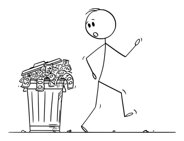 Ilustración de dibujos animados vectoriales del hombre sorprendido o del hombre de negocios que camina alrededor de la lata de basura o la papelera llena de dinero arrojado como basura — Vector de stock