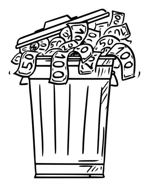 Ilustración de dibujos animados vectoriales de cubo de basura o cubo de basura lleno de dinero en efectivo proyectos de ley arrojados como residuos — Vector de stock