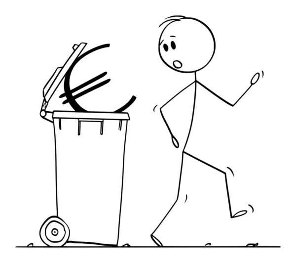 Ilustração dos desenhos animados do vetor do homem surpreso ou do homem de negócios que anda em torno da lata de lixo ou do lixo cheio do símbolo da moeda do euro jogado como o desperdício —  Vetores de Stock