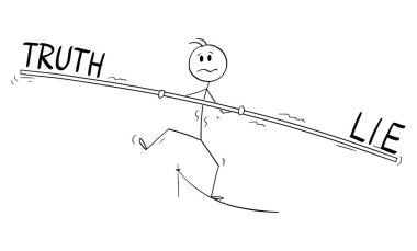 Tightrope Walker, Adam, Politikacı veya İş Adamı Halatta Yürüyüşü 'nün Vektör Çizgi Filmi. Gerçeği ve yalanı kavra.