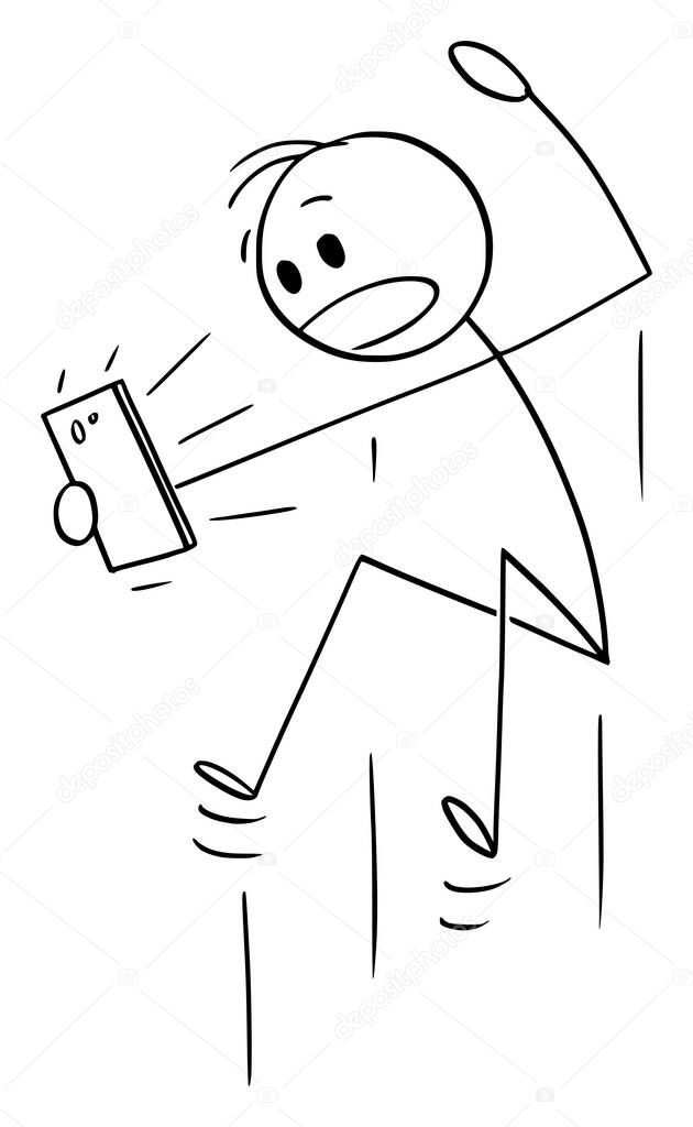 Vector Cartoon Illustration of Jumping Surprised or Shocked Man Watching Something on Mobile Phone