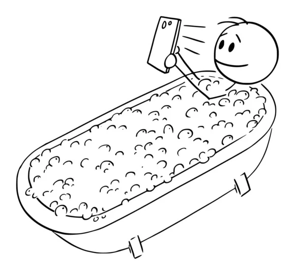 Wektor Cartoon Ilustracja uzależniony człowiek przy użyciu telefonu komórkowego podczas kąpieli w łazience. — Wektor stockowy