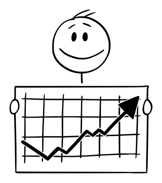Vector Cartoon Illustration of Smiling Happy Man or Businessman Holding Growing or Rising Financial Graph or Chart