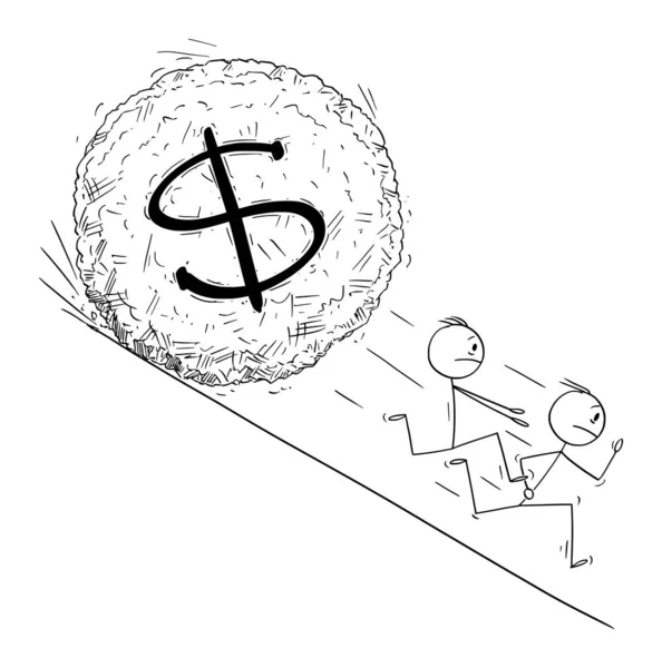 Vektor-Karikatur zeigt eine Gruppe von Investoren oder Geschäftsleuten, die vor dem Dollar-Symbol wegrennen, das den Hügel hinunterrollt. — Stockvektor