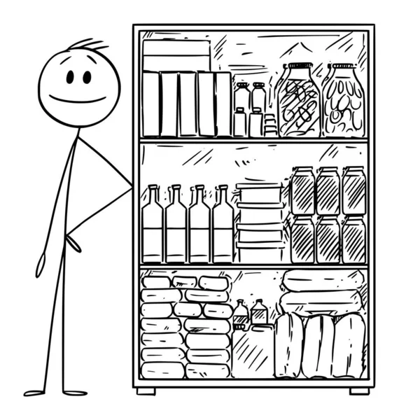 Vector Cartoon Illustration of Man with Stockpile of Food for Crisis or Epidemic. — 스톡 벡터