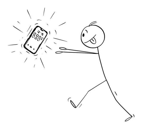 Ilustración de dibujos animados vectoriales del hombre adicto que intenta obtener un nuevo teléfono móvil o teléfono inteligente o teléfono celular o teléfono celular — Archivo Imágenes Vectoriales