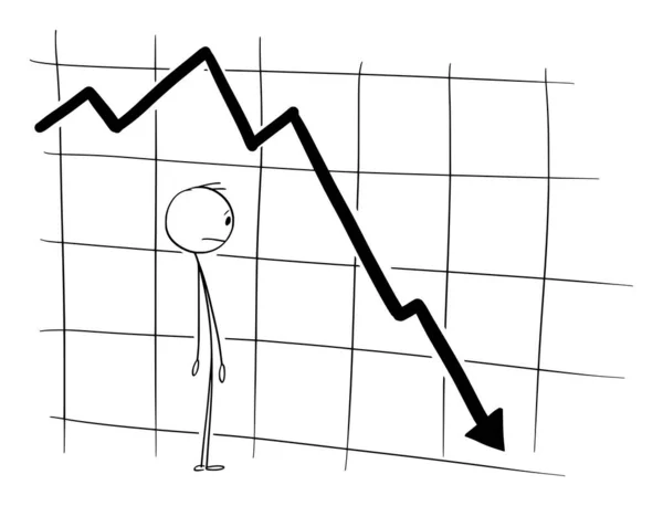 Illustrazione del fumetto vettoriale dell'investitore o dell'uomo d'affari del mercato azionario che guarda il grafico o grafico finanziario cadente. Concetto di depressione e crisi — Vettoriale Stock
