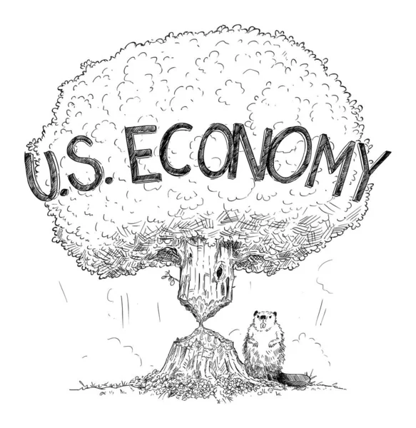 Vektor Rajzfilm illusztrációja fa ábrázoló amerikai gazdaság legyengült a válság, mint Beaver. A pénzügyi probléma, adósság vagy koronavírus fogalma. — Stock Vector