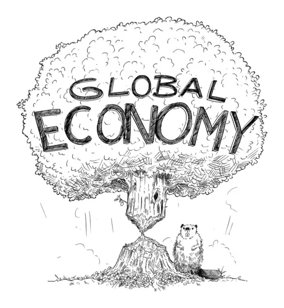 Vektorkarikatur-Illustration eines Baumes, der die krisengeschwächte Weltwirtschaft als Biber darstellt. Konzept von Finanzproblemen, Schulden oder Coronavirus. — Stockvektor