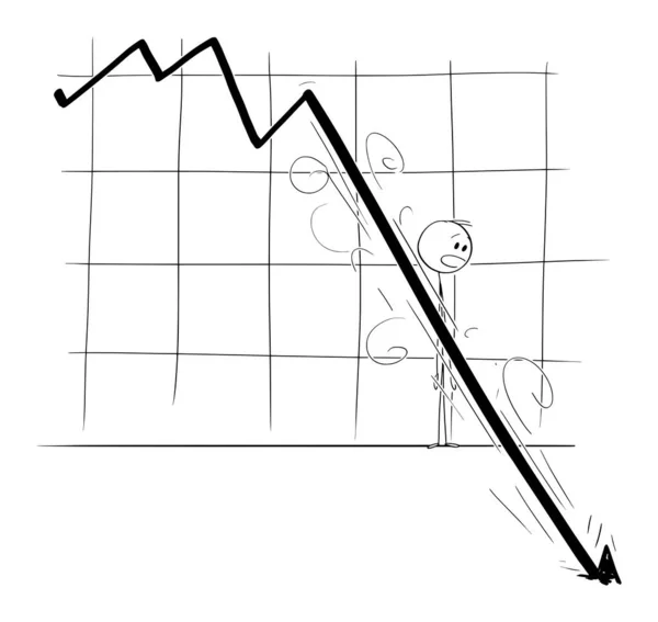 Illustrazione del fumetto vettoriale dell'investitore o dell'uomo d'affari del mercato azionario che guarda il grafico o grafico finanziario cadente. Concetto di depressione e crisi — Vettoriale Stock