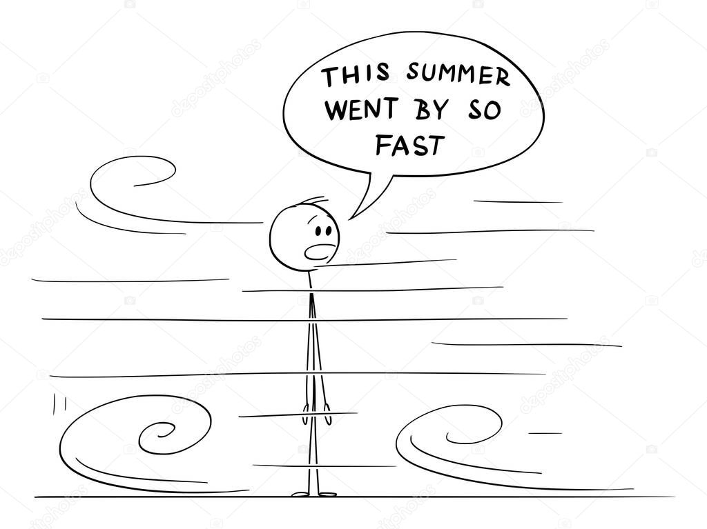 Vector Cartoon Illustration of Shocked or Surprised Man Looking at Short Summer Moving Very Fast Around Him