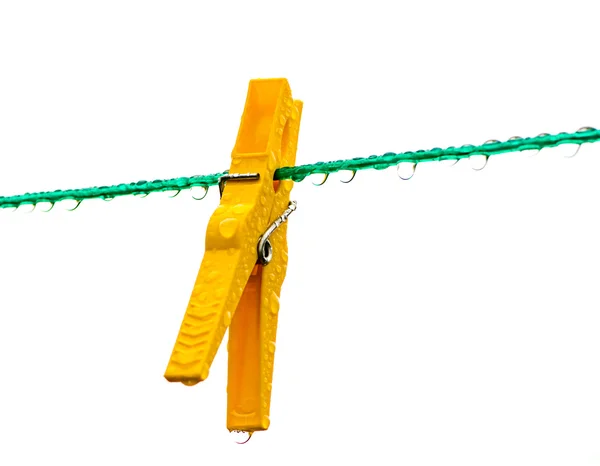Wet yellow clothespin on a washing line — Stock fotografie