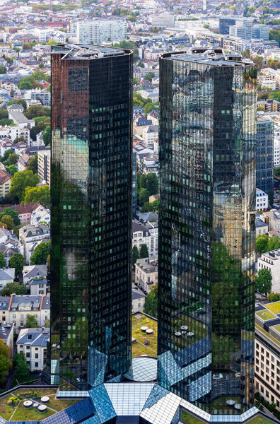 FRANKFURT, GERMANY - SEPTEMBER 17: Aerial view of the Deutsche Bank Headquarters in Frankfurt, Germany on September 17, 2019. Deutsche Bank is the largest bank in Germany. Foto taken from Main Tower.