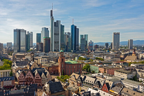 FRANKFURT, GERMANY - SEPTEMBER 15: Aerial view over Frankfurt , Germany on September 15, 2019. Foto taken from Kaiserdom with view to the sykscrapers.
