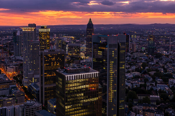 Aerial view over the skyscrapers of Frankfurt (Germany) at sunset