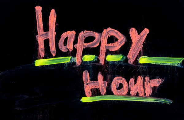 Happy Hour Written Pink Black Chalkboard Chalk — Stock Photo, Image