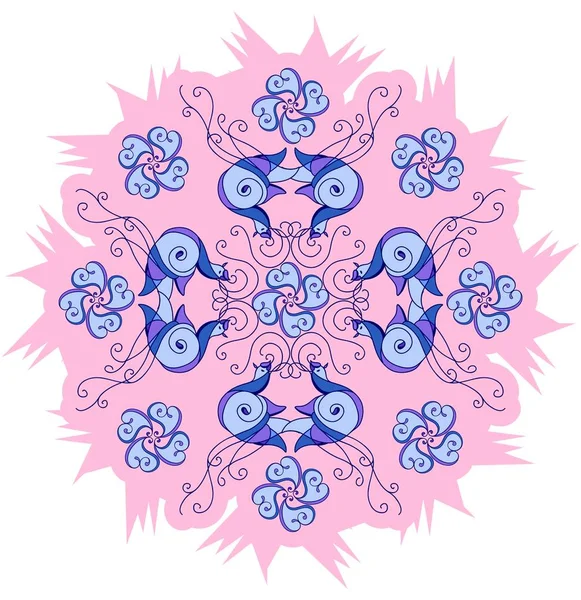 Stylized birds and flowers on a pink background