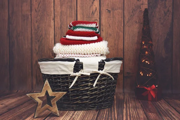 Christmas laundry in a wicker basket — Stock Photo, Image