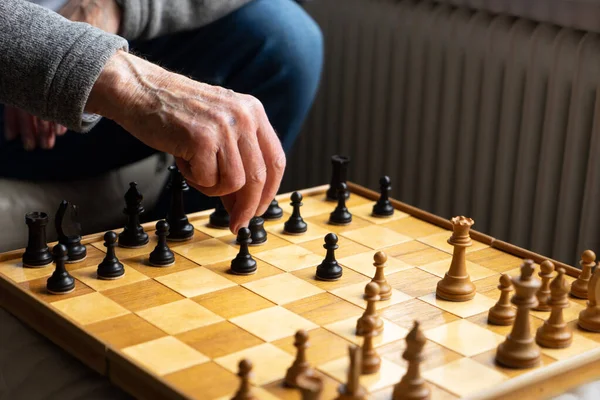 Game Chess Being Played View Board Part Unrecognizable Man Moving — Stock Photo, Image