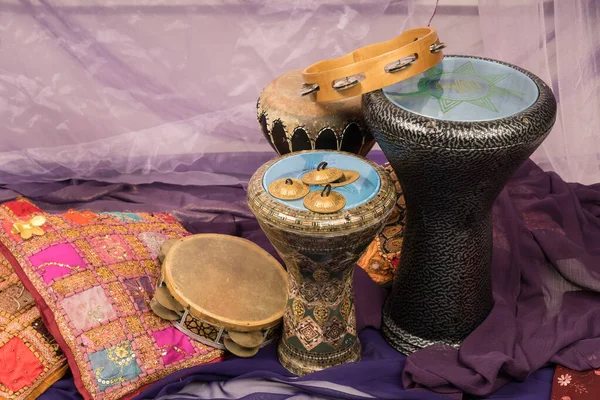 Side View Musical Instruments Bellydance Percussiongroup Darbuka Tambourines Zills — Stock Photo, Image