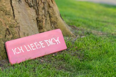 Almanca 'da' Seni seviyorum 'yazan bir ağacın eteğindeki pembe tabela.