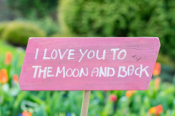 Sinal Rosa Dizendo Amo Até Lua Volta Com Flores Fundo — Fotografia de Stock